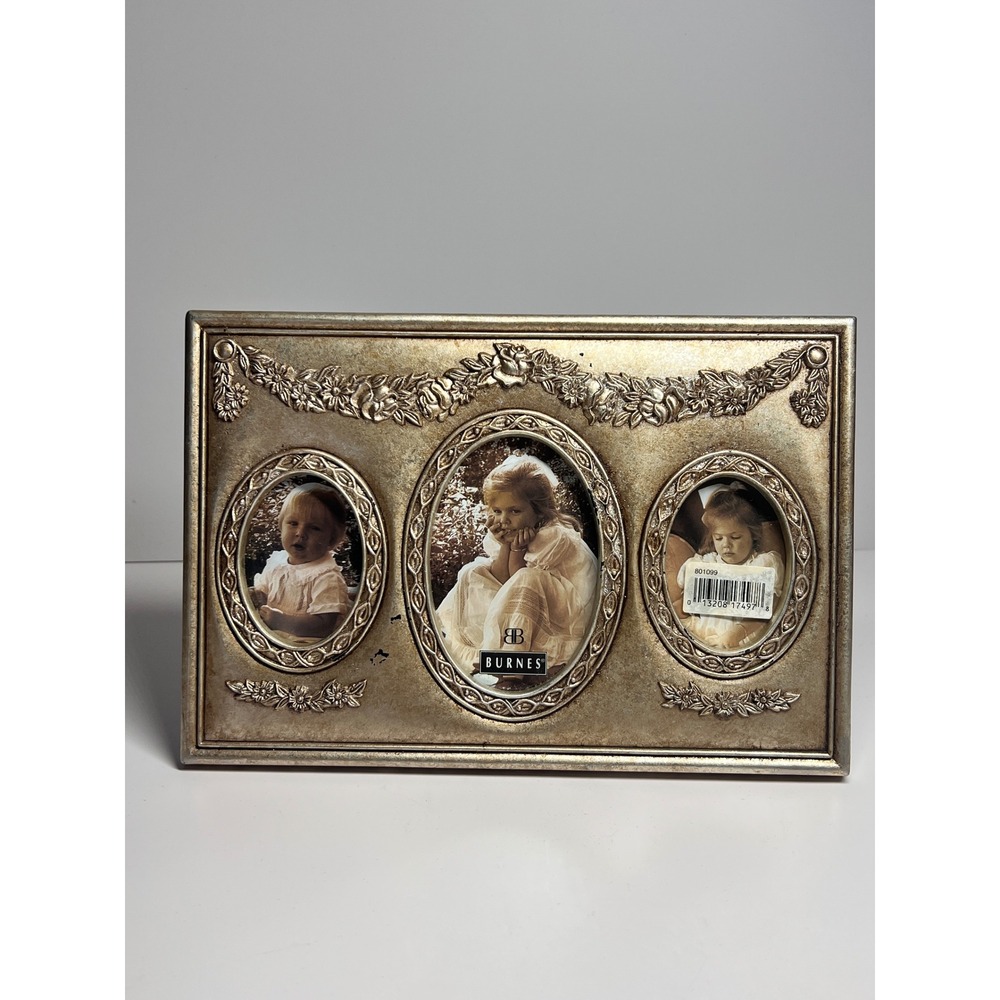 Burnes of Boston Triple Picture Frame Silver Tone Floral Rose Relief 801099
